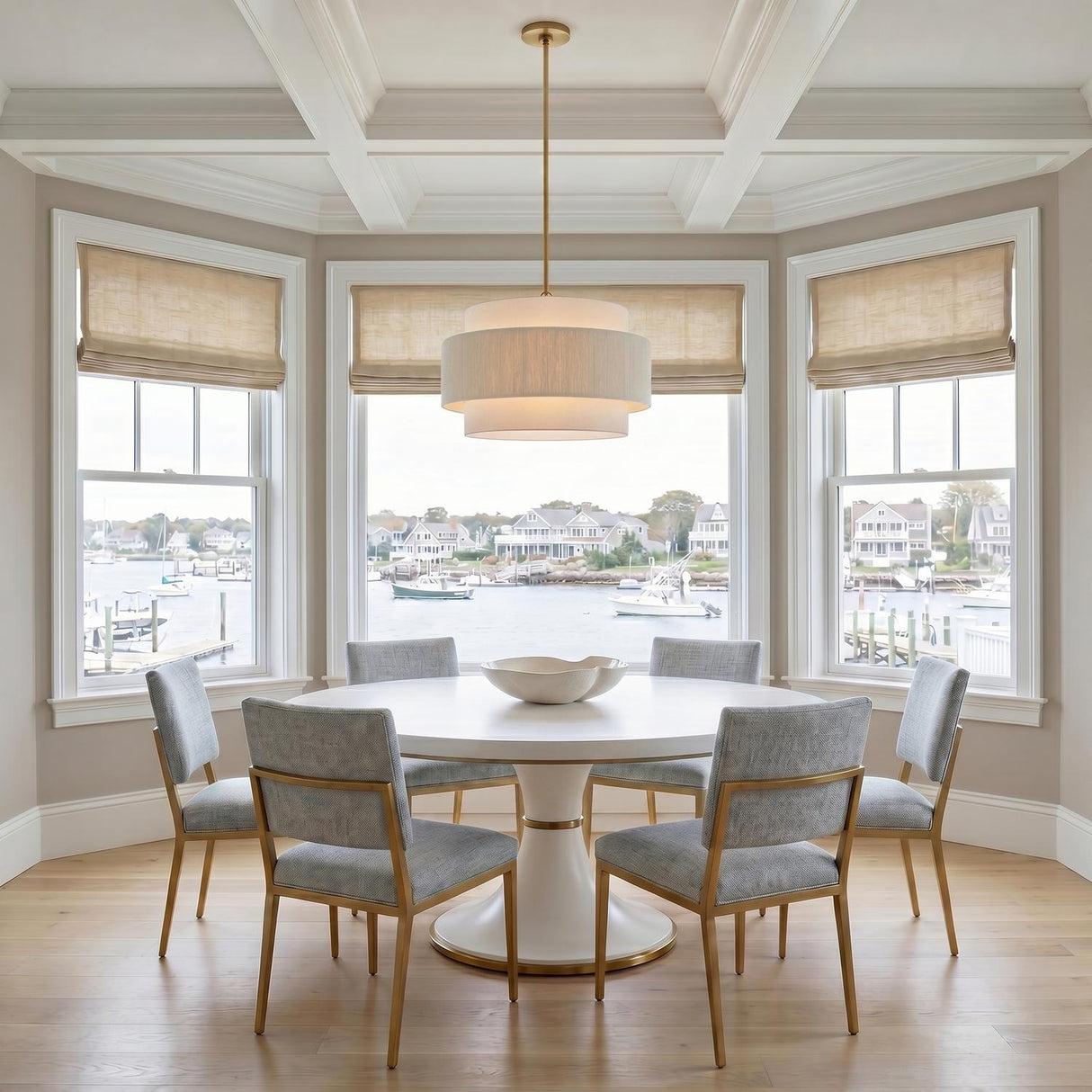 A coastal dining room features the Daria Large Pendant 26", Gilded Brass and White over a pedestal table under a coffered ceiling with bay window harbor views.