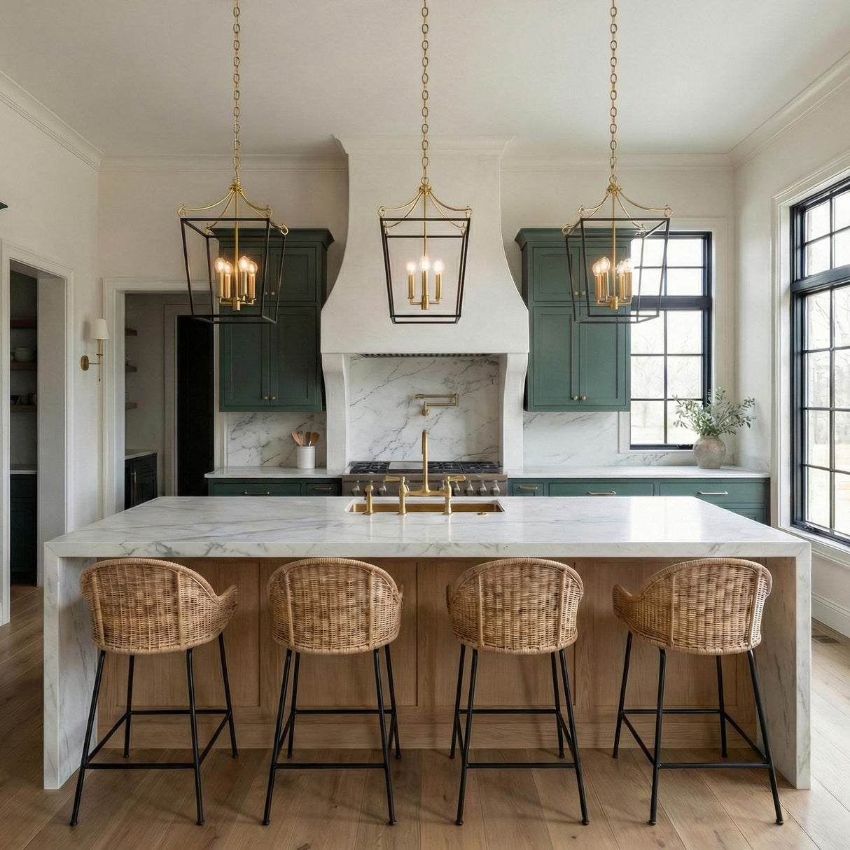 Cambria Small Lantern Pendant 14", Matte Black and Modern Brass