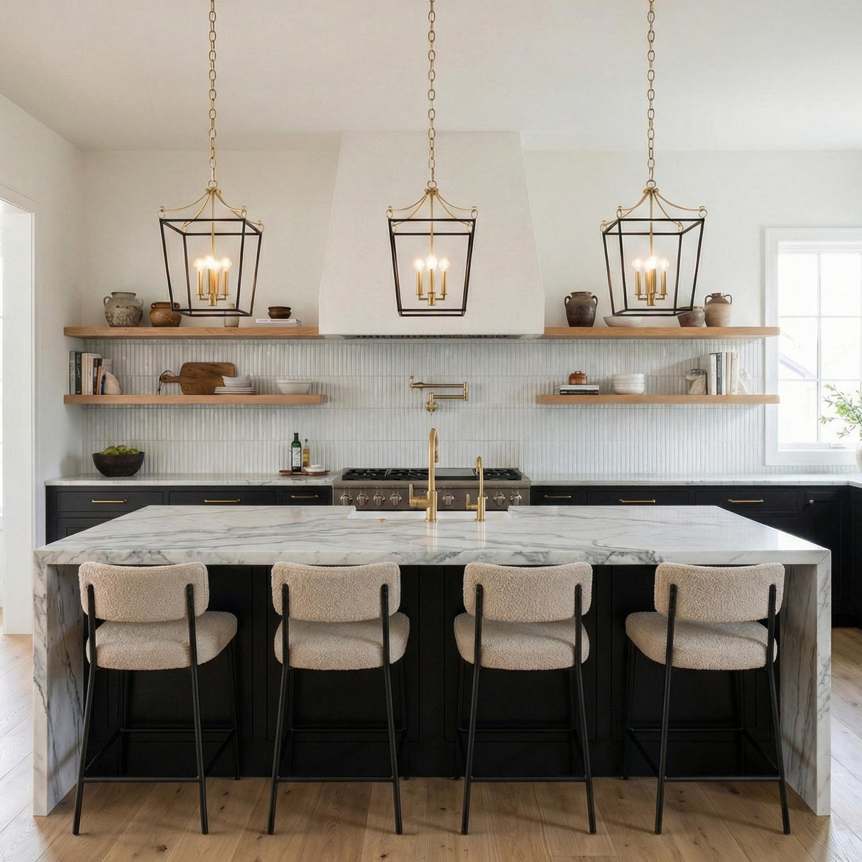 Cambria Small Lantern Pendant 14", Matte Black and Modern Brass