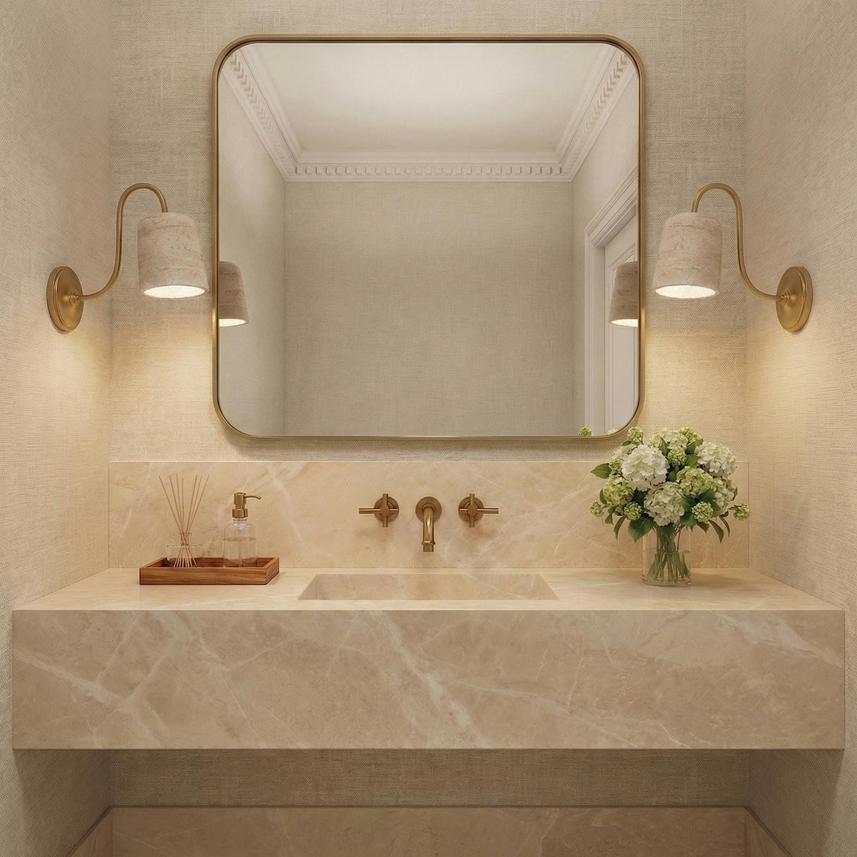 Jethro Wall Sconce 12", Travertine and Brushed Brass