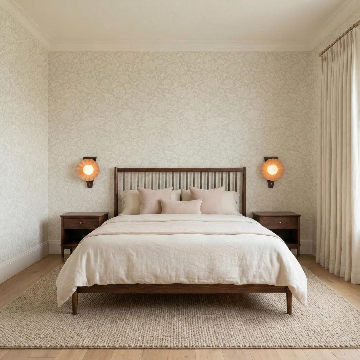 Babette Wall Sconce 17", Blush and Walnut scalloped wall sconce in a Transitional Bedroom with floral wallpaper and a walnut bed.
