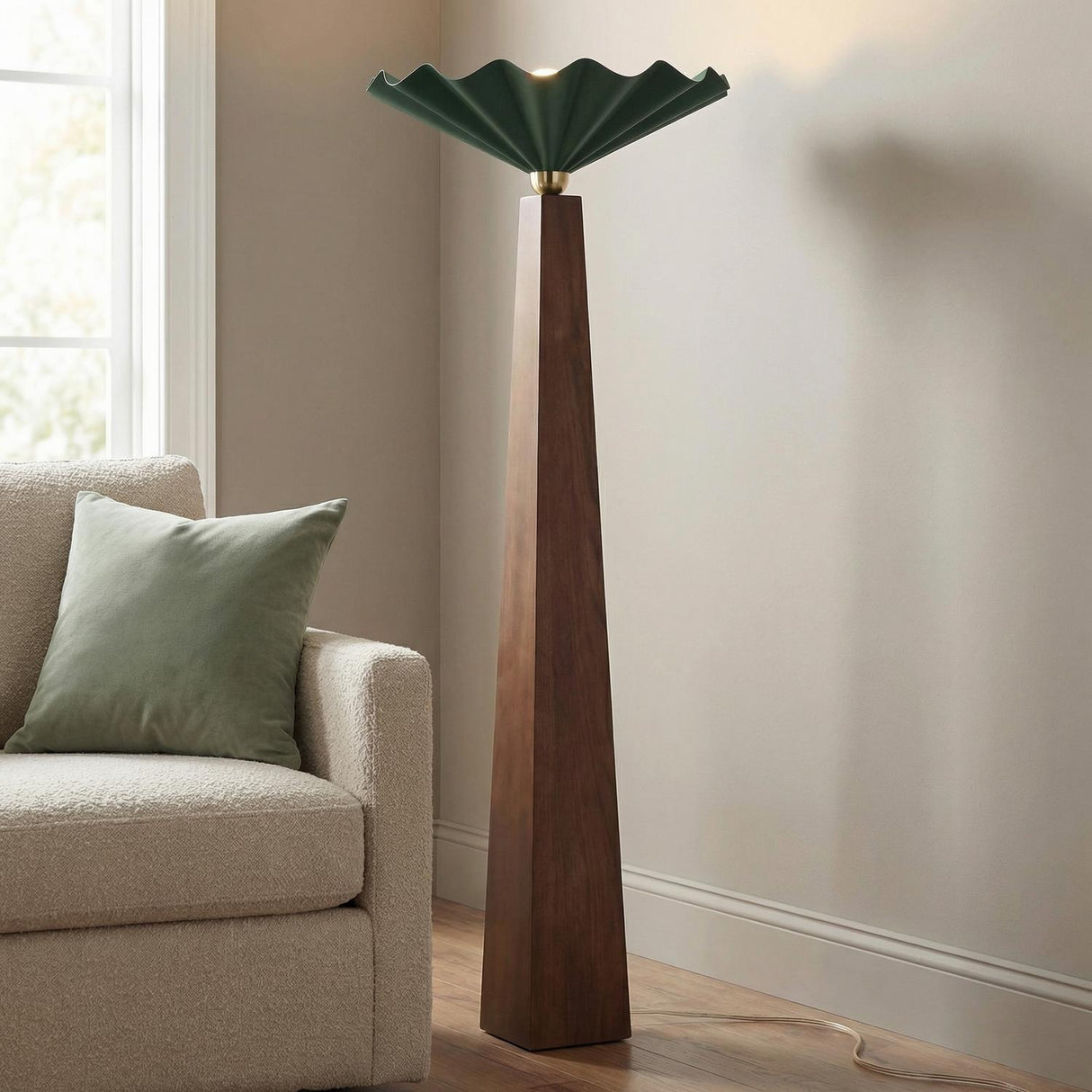 Babette Floor Lamp 65", Hunter Green and Walnut scalloped Floor Lamp in a Mid-Century Living Room with a boucle sofa and velvet pillow.