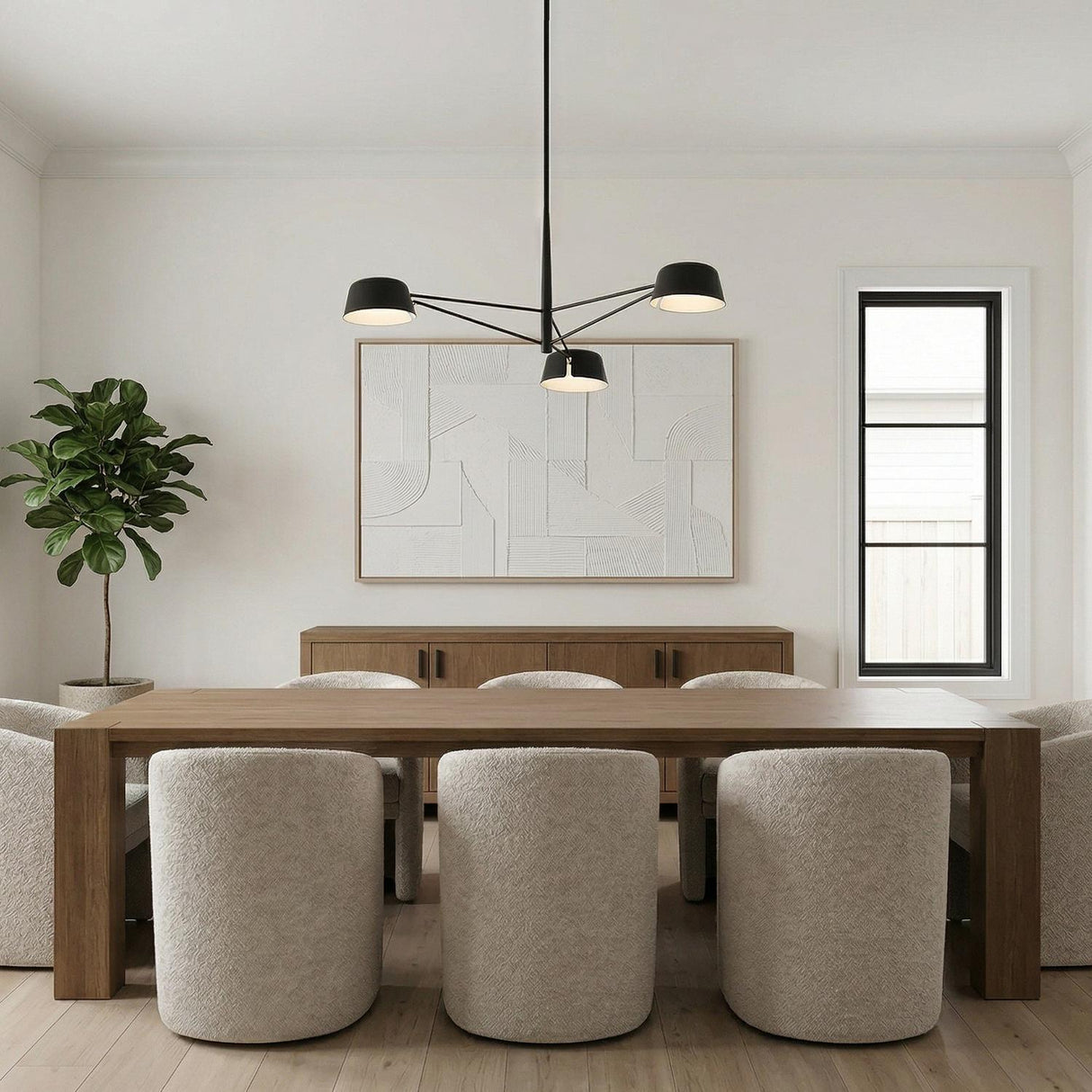 Jude LED 3 Light Chandelier 36", Black geometric Chandelier in a Modern Dining Room with a rustic oak table and textured chairs.