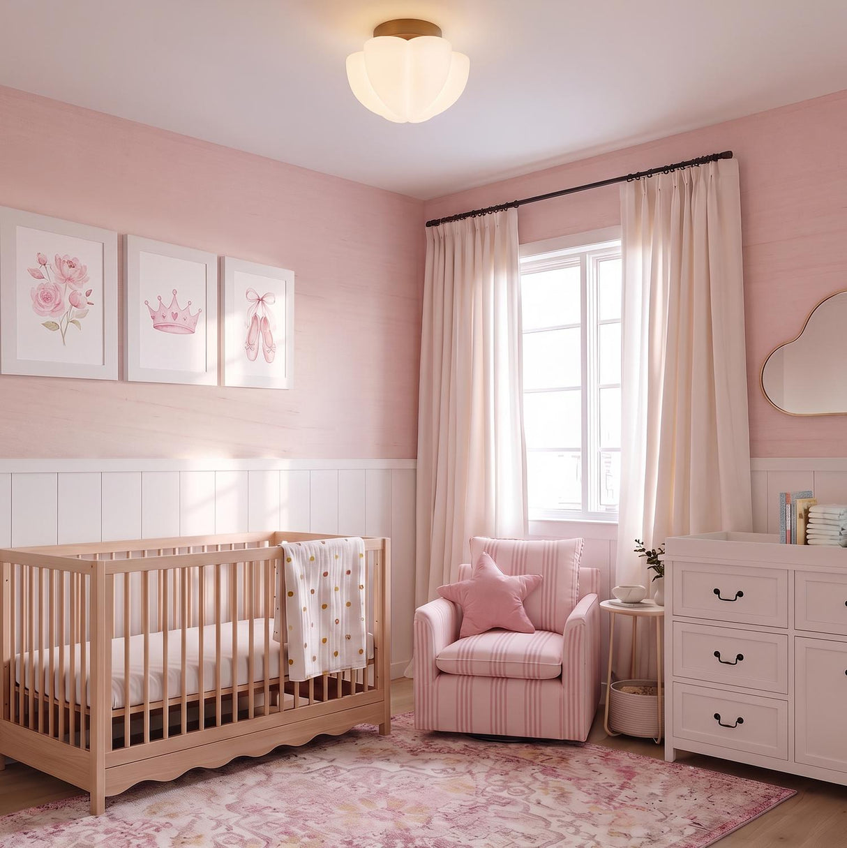 A traditional nursery with a vintage bronze and opal glass flush mount along the ceiling above a light wood crib and pink shiplap walls.