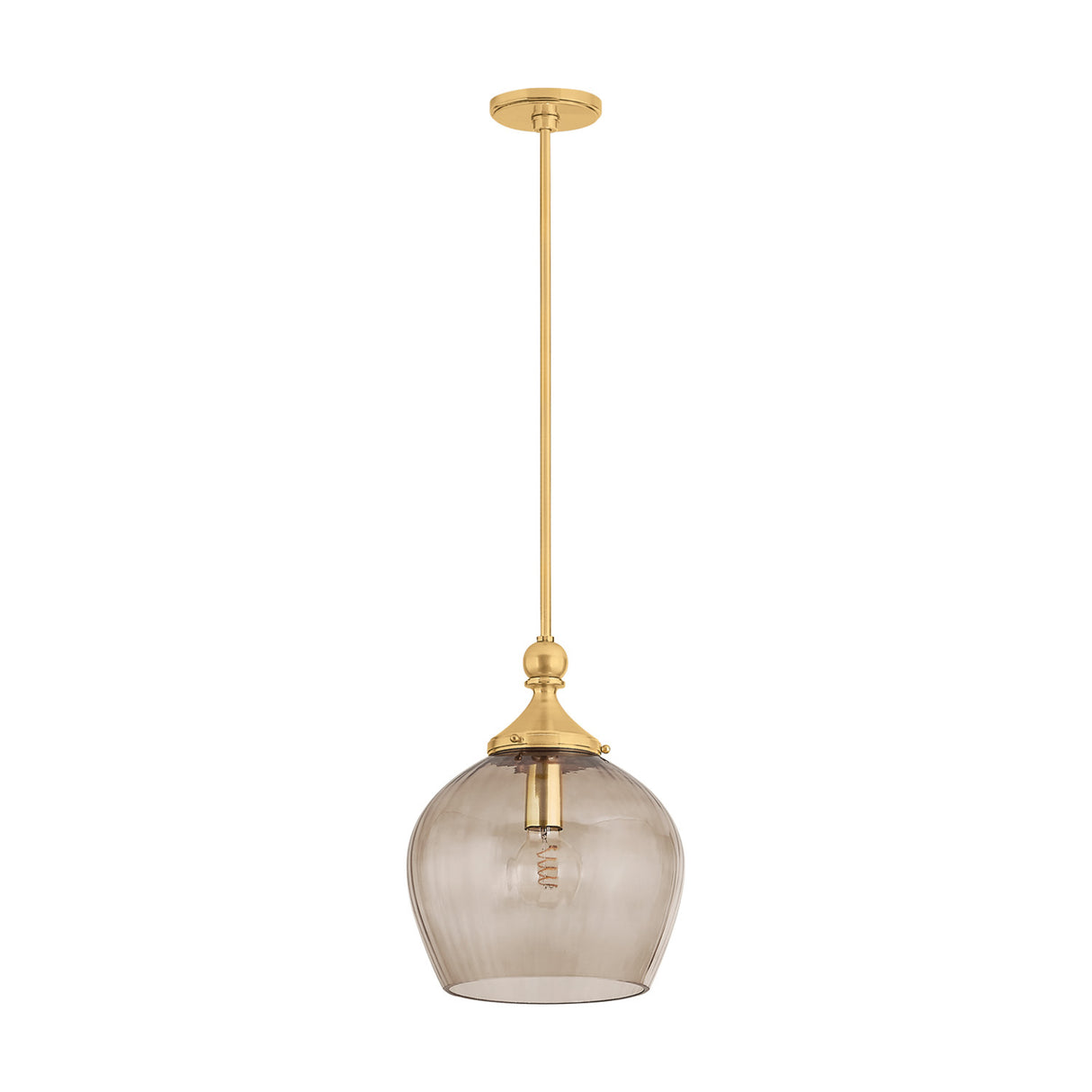 Octavia Small Pendant 12", Aged Brass and Smoke Taupe Ribbed Glass