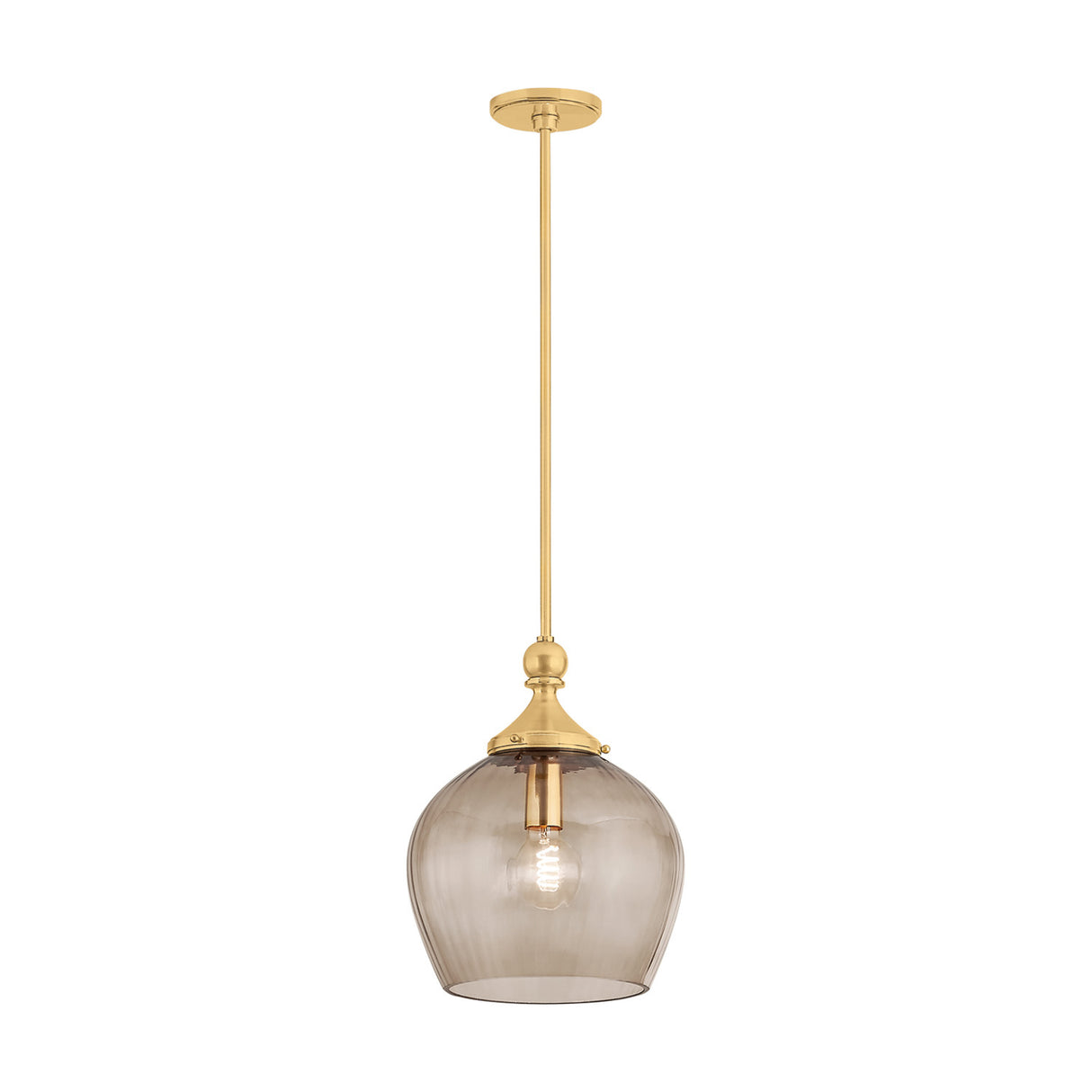 Octavia Small Pendant 12", Aged Brass and Smoke Taupe Ribbed Glass
