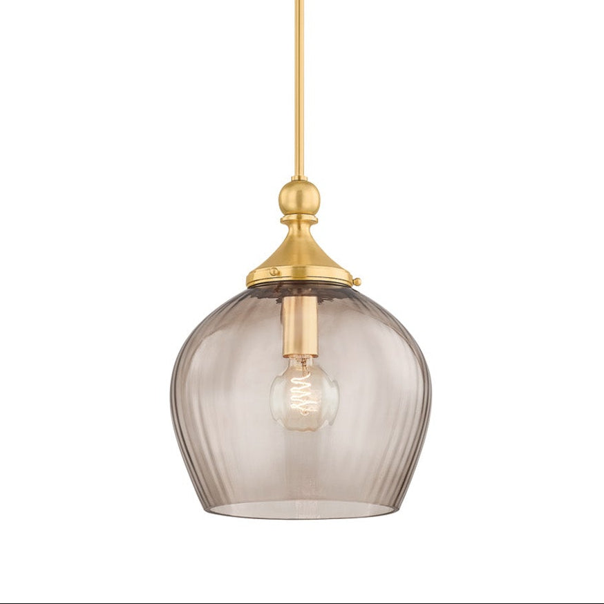 Octavia Small Pendant 12", Aged Brass and Smoke Taupe Ribbed Glass