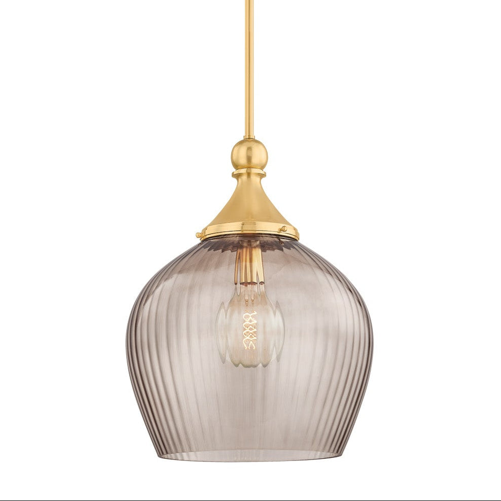 Octavia Medium Pendant 16", Aged Brass and Smoke Taupe Ribbed Glass