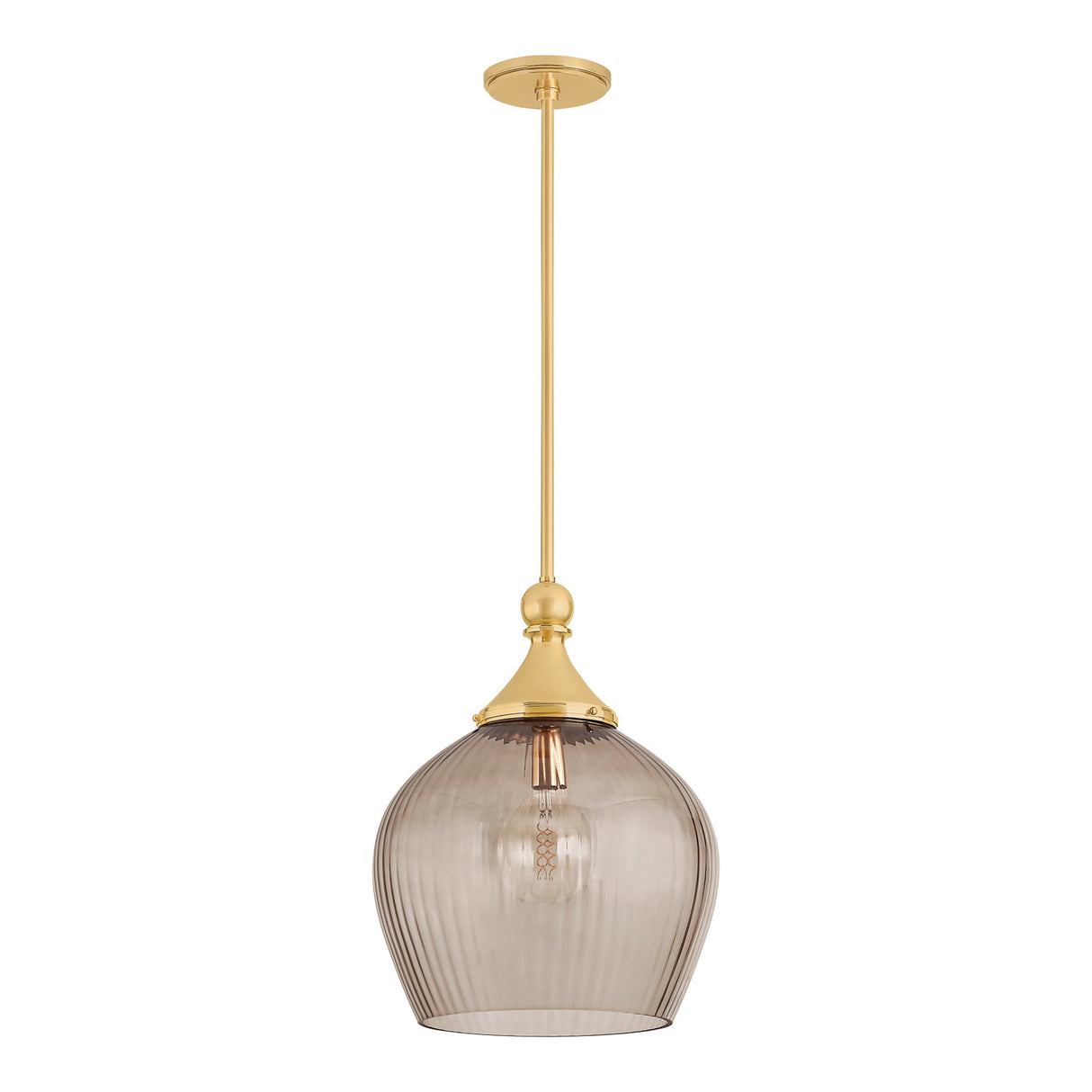 Octavia Medium Pendant 16", Aged Brass and Smoke Taupe Ribbed Glass