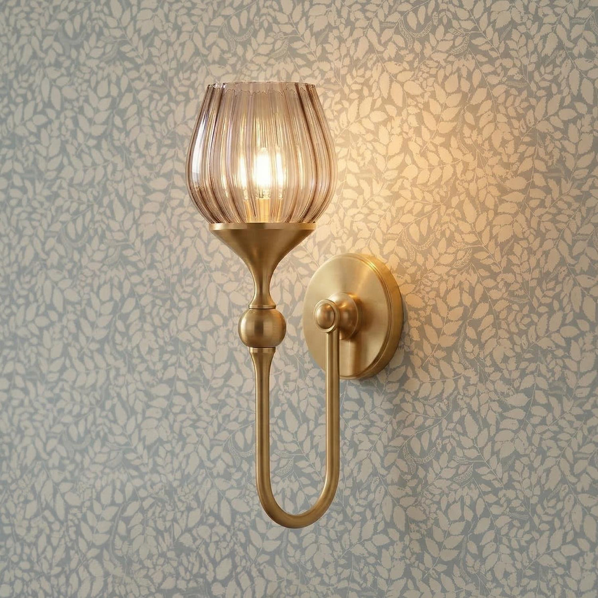 Octavia Wall Sconce 17", Aged Brass and Smoke Taupe Ribbed Glass