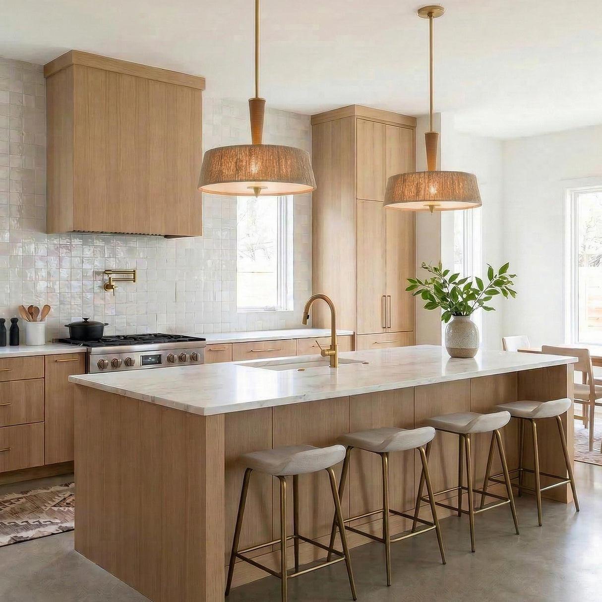 A transitional kitchen features two Pascal Large Pendant 22", Jute, Rattan and Aged Brass fixtures hanging over a white marble island with iridescent tile and light wood cabinets.