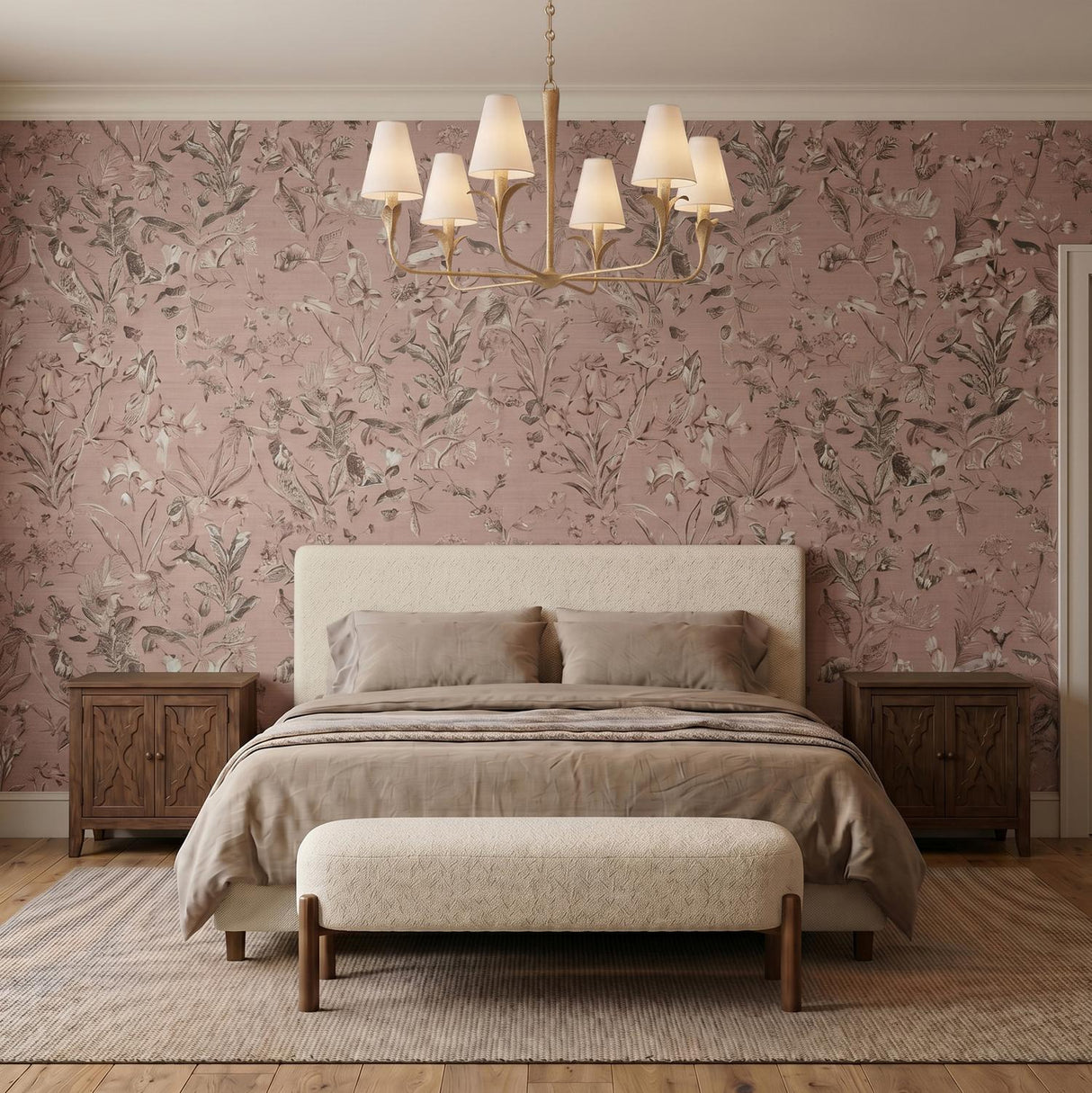 A traditional bedroom with the Junia 6 Light Chandelier in a textured gold finish and white linen shades centered over a cream upholstered bed against pink floral wallpaper.