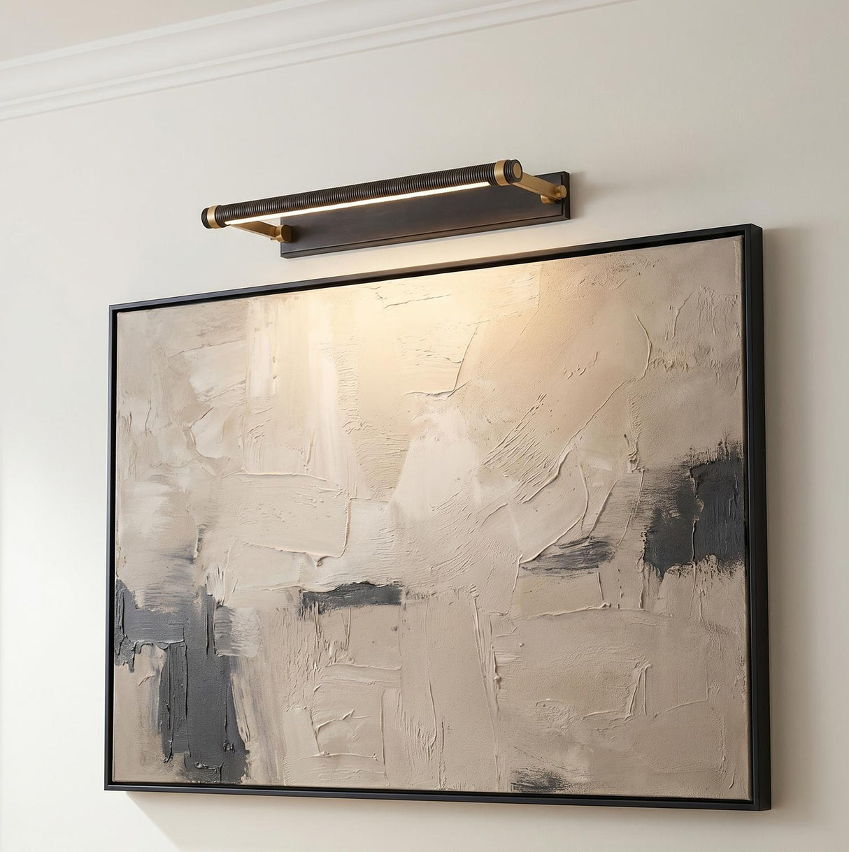 Heath LED Picture Light 24", Distressed Bronze and Aged Brass linear Wall Sconce in a Transitional Living Room with abstract canvas art.