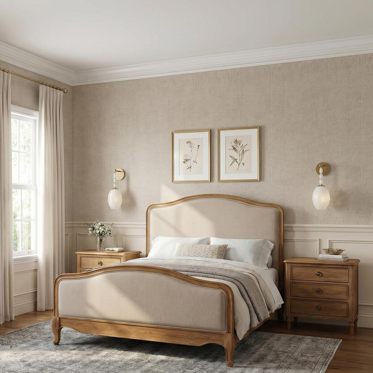 A traditional bedroom with two Helena Wall Sconce 15" fixtures in aged brass and cloud glass flanking an upholstered bed set against tan grasscloth wallpaper.