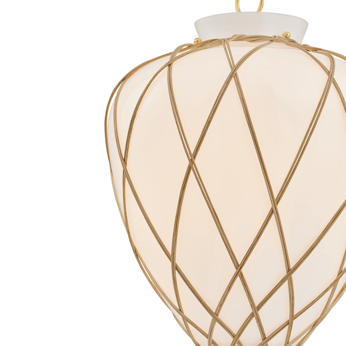 Dion Small Pendant 13", Aged Brass and Milk Glass with Rattan