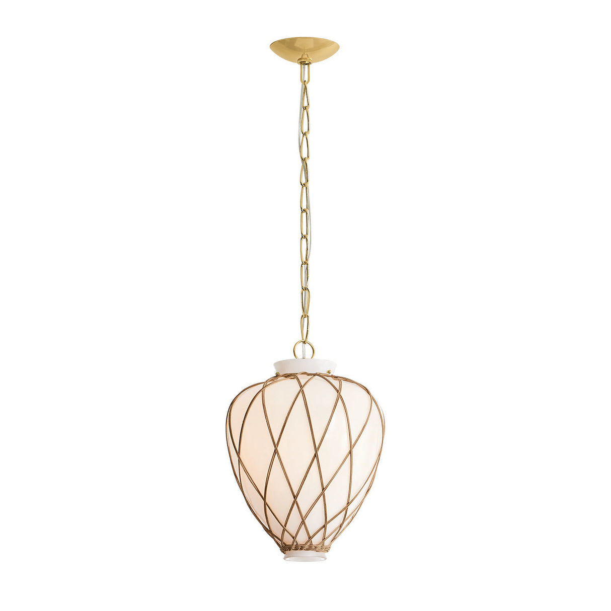 Dion Small Pendant 13", Aged Brass and Milk Glass with Rattan