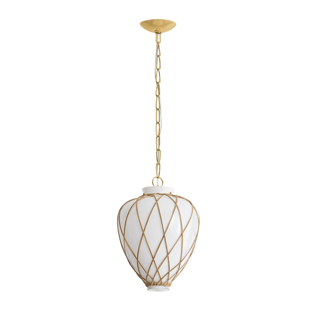 Dion Small Pendant 13", Aged Brass and Milk Glass with Rattan