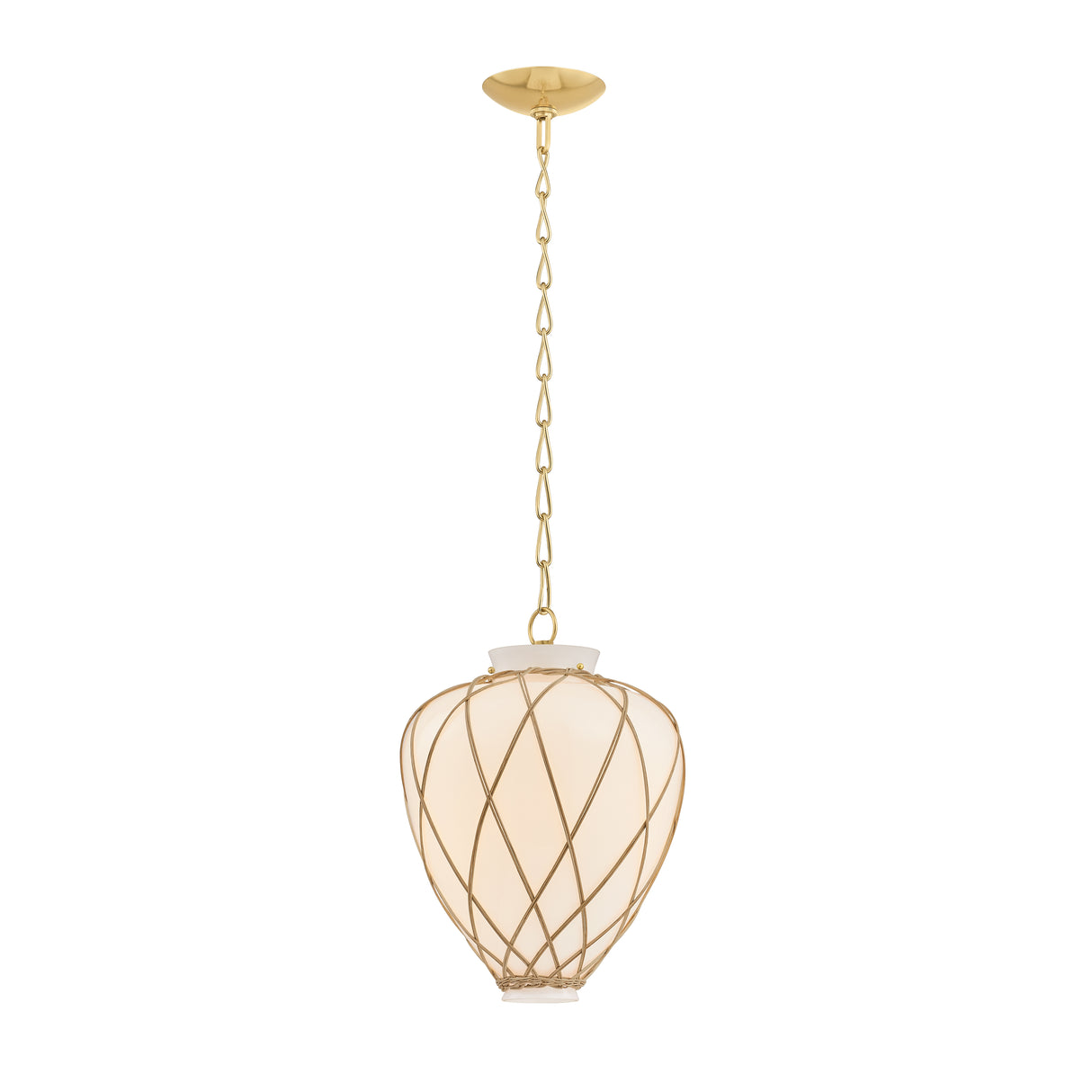 Dion Small Pendant 13", Aged Brass and Milk Glass with Rattan