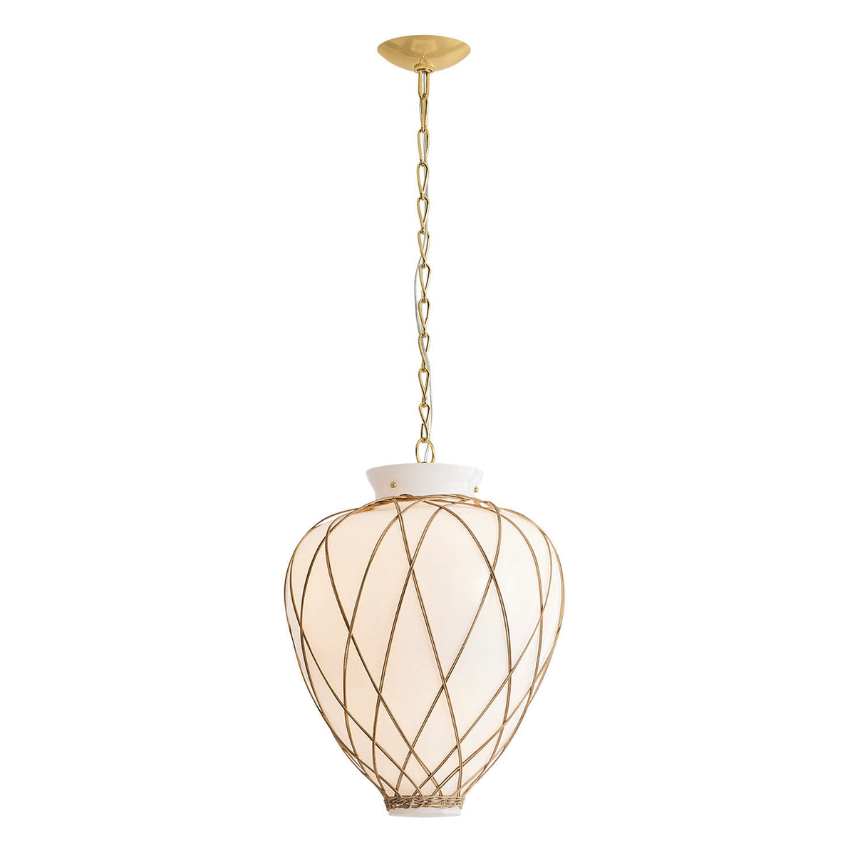 Dion Medium Pendant 17", Aged Brass and Milk Glass with Rattan
