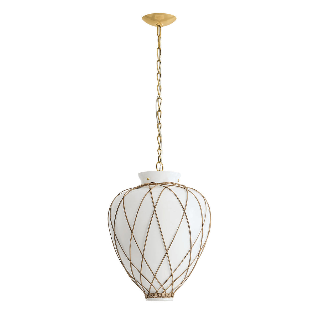 Dion Medium Pendant 17", Aged Brass and Milk Glass with Rattan