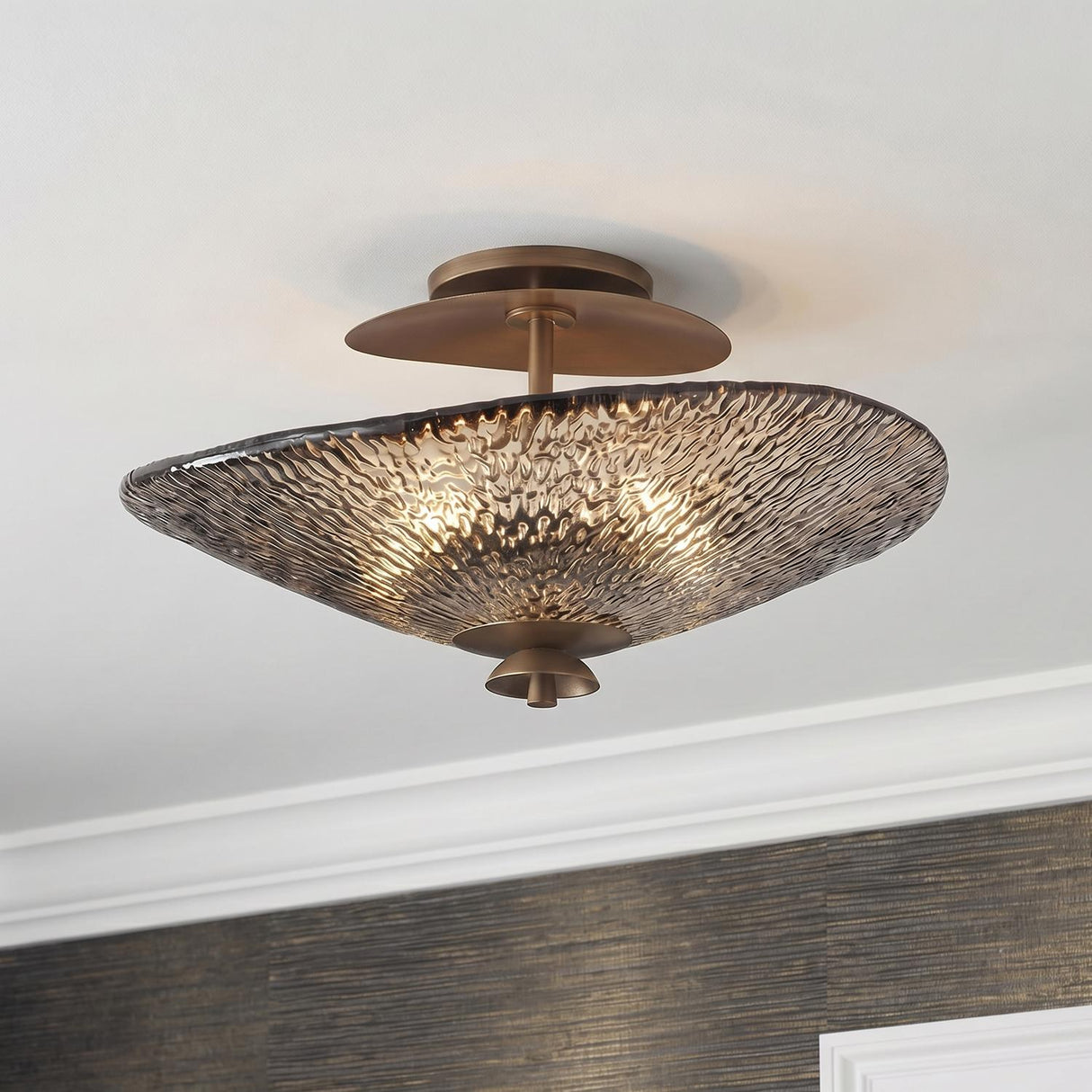 Azaria Semi-Flush 20", Bronze Piastra Glass scalloped flush mount in a Transitional Living Room with textured wallpaper.