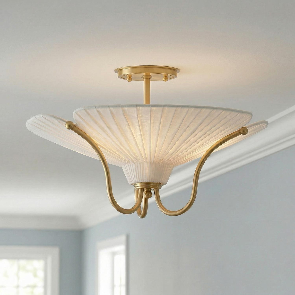 Marcelle Semi-Flush 18", Aged Brass and Linen Aged Brass scalloped Flush Mount in a Transitional Bedroom with white crown molding.