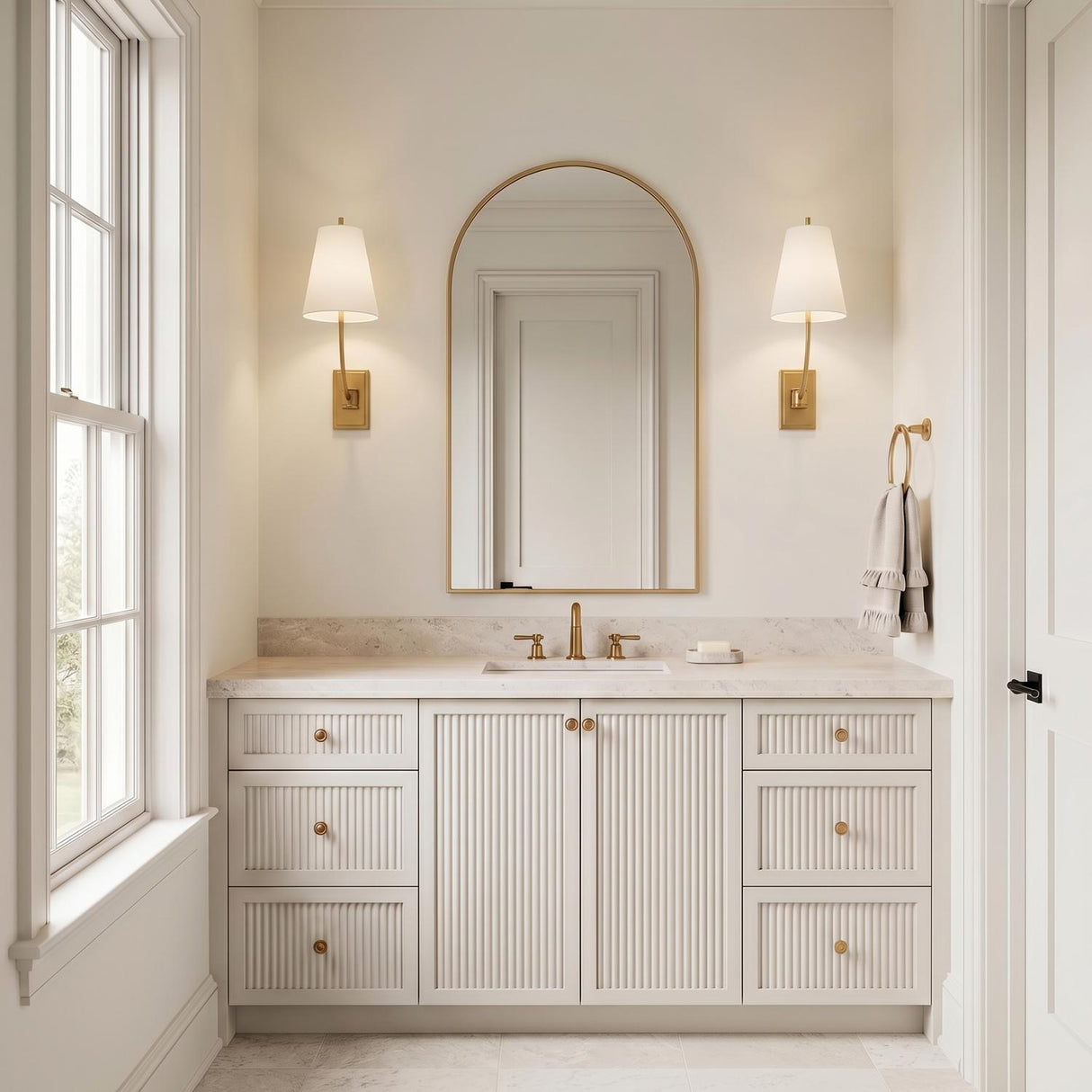 A transitional bathroom featuring two Cordelia Wall Sconce 18", Modern Brass with white linen shades flanking an arched gold mirror above a white fluted vanity with marble countertops.