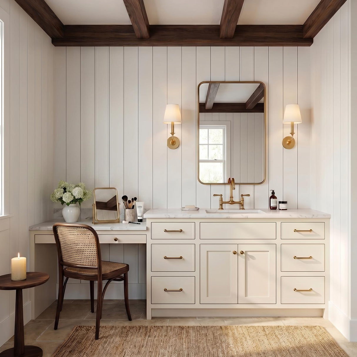 A modern farmhouse bathroom with two Harwick Wall Sconces in gilded brass and linen shades flanking a mirror over a white vanity under dark wood ceiling beams.