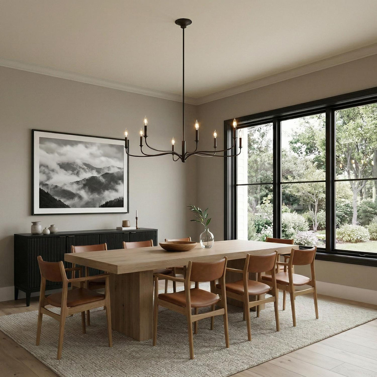 Harwick 8 Light Chandelier 42", Aged Iron geometric Chandelier in a Transitional Dining Room with a rustic oak table.