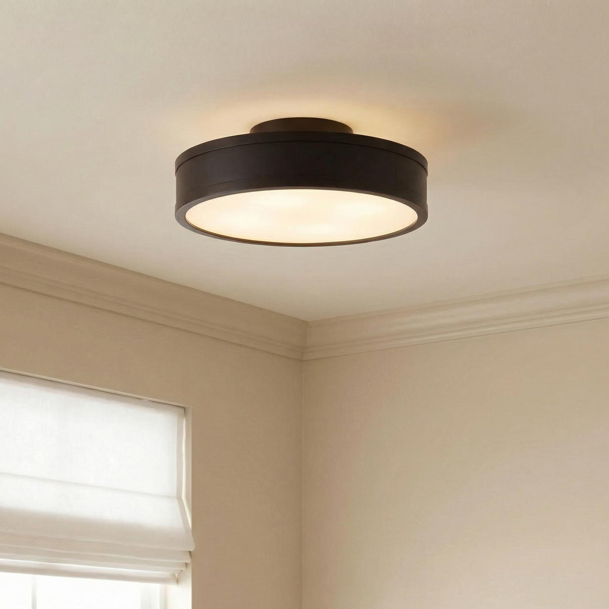 Merton Round LED Semi-Flush 12", Aged Iron geometric Semi-Flush in a Transitional Entryway with white roman shades.