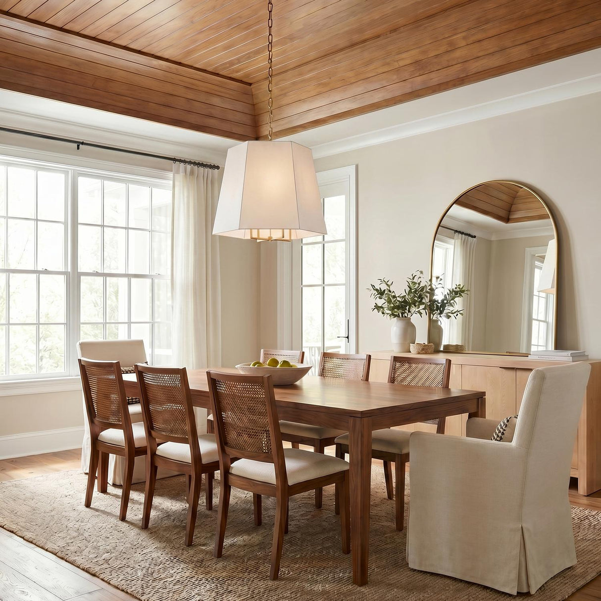 A transitional dining room featuring a large linen shade pendant with gilded brass hardware over a wood table and cane chairs under a beamed wood ceiling.