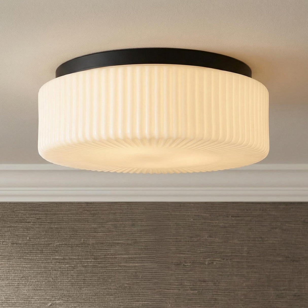 Lumina Flush Mount 14", Matte Black geometric flush mount in a Transitional Entryway with textured grasscloth wallpaper.