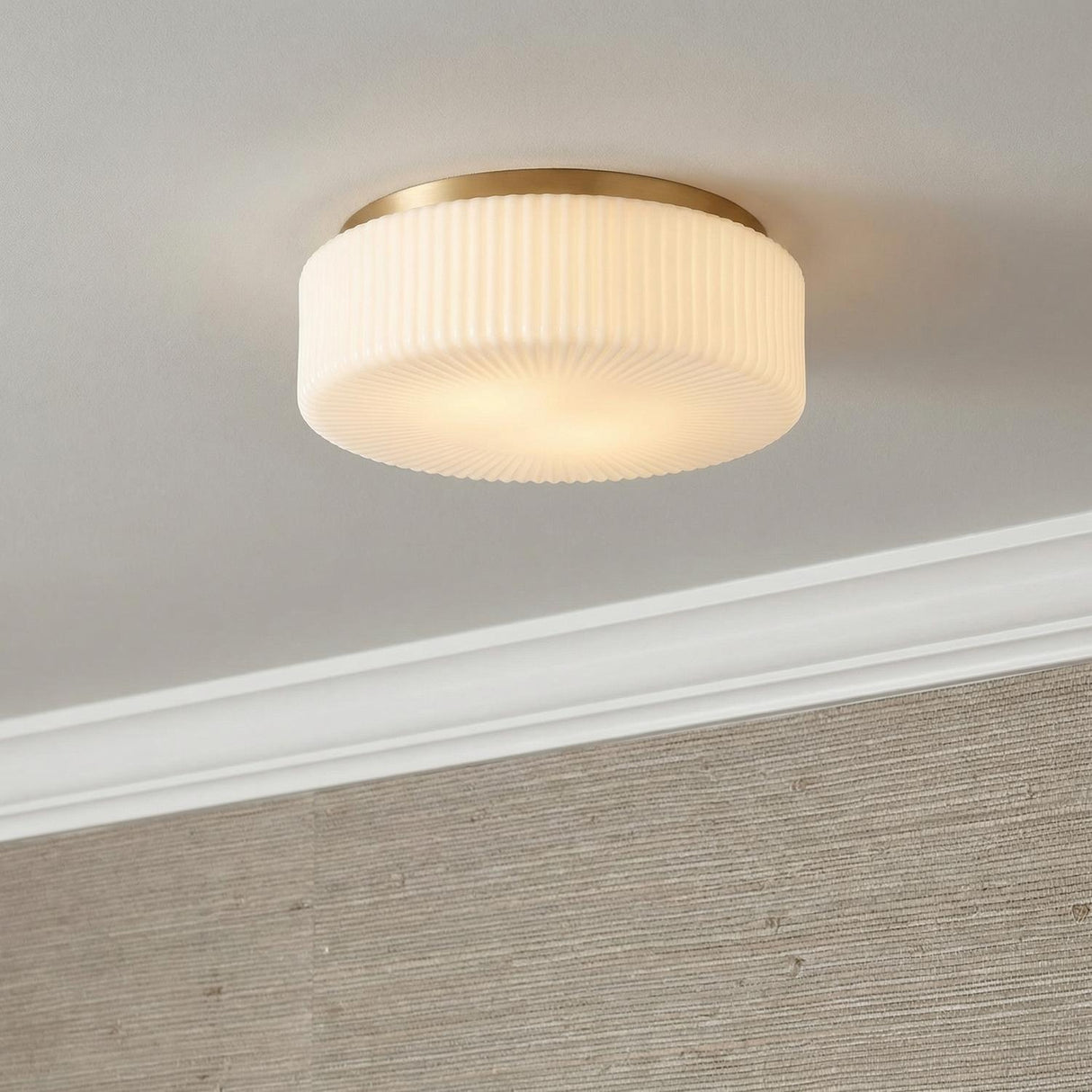 Lumina Flush Mount 14", Satin Brass scalloped Flush Mount in a Contemporary Hallway with textured grasscloth wallpaper.