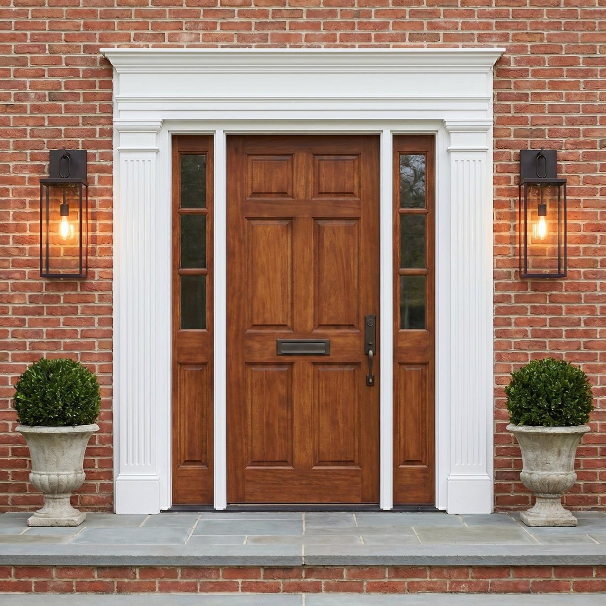 A Colonial red brick entry with two old bronze Lavelle Outdoor Wall Light lanterns flanking a wood front door at dusk with boxwood topiaries in stone urns.