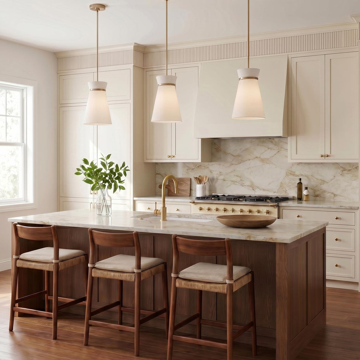 A transitional kitchen features three Veronica Pendant 10-inch fixtures in satin brass and white linen over a marble-topped walnut island with woven wood bar stools.