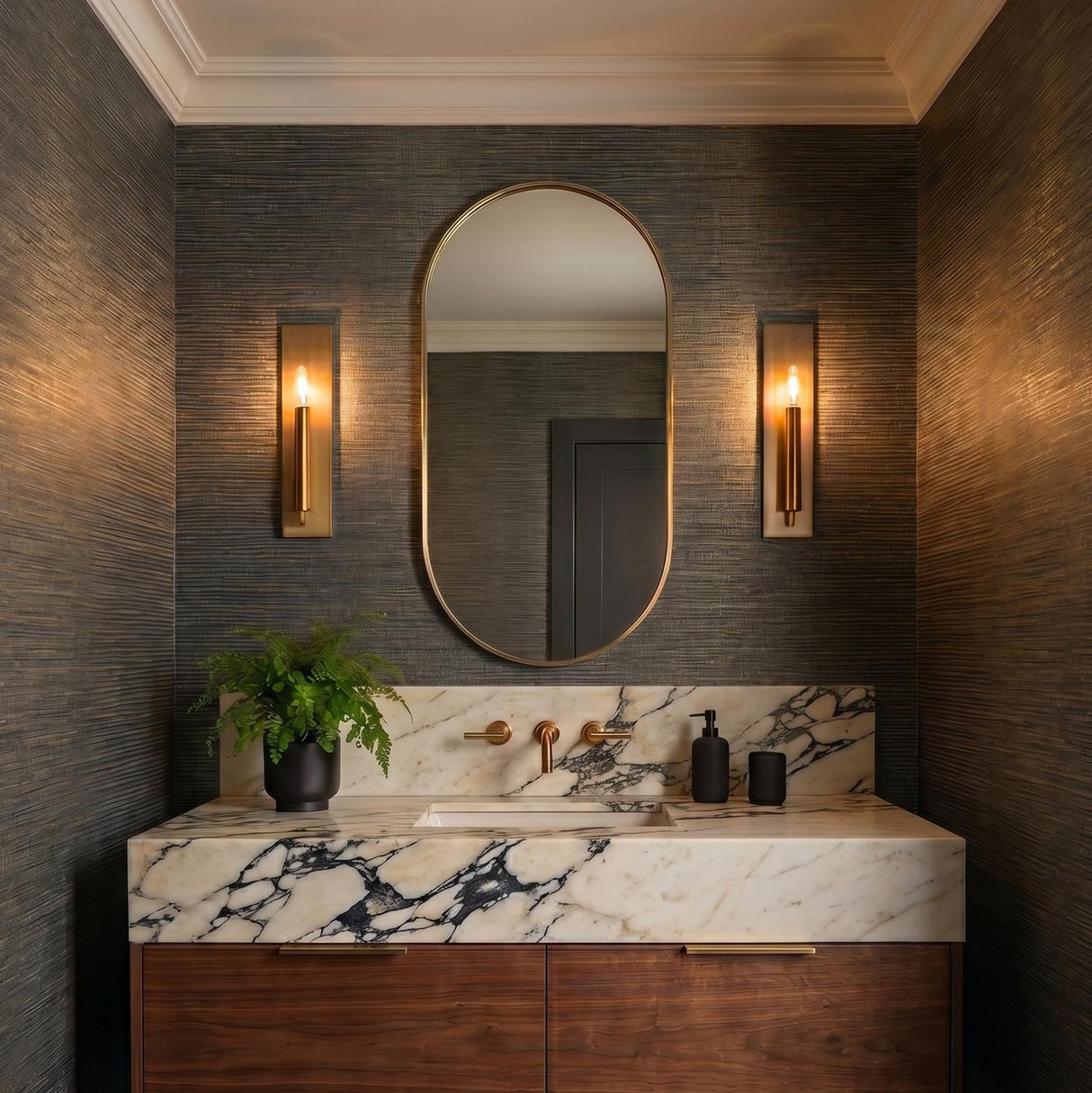 A contemporary bathroom featuring two Solana Wall Sconce 18" in modern brass flanking an oval mirror over a veined marble vanity with walnut cabinets and textured wallpaper.