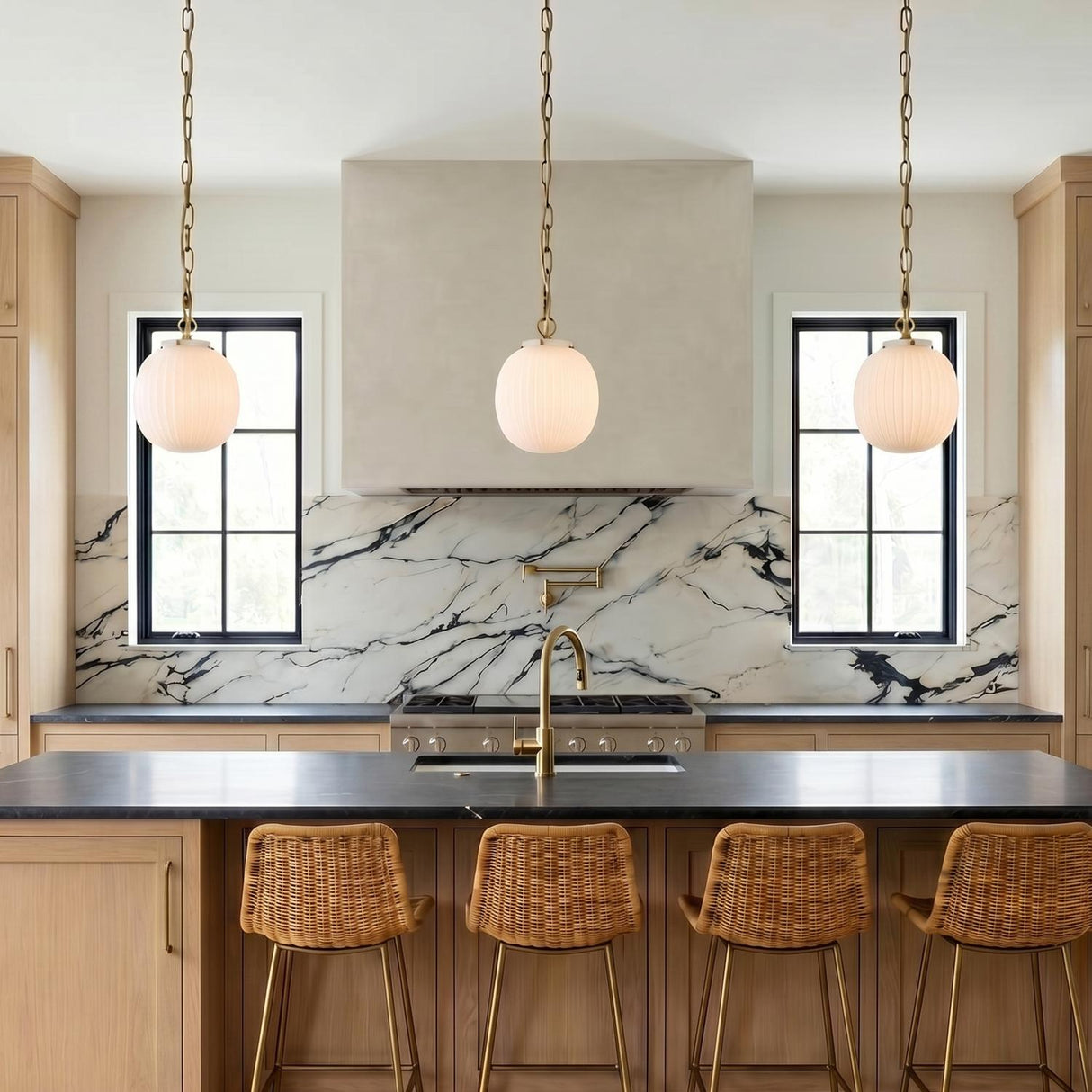A transitional kitchen with three Basile Small Pendants in brushed brass and ribbed milk glass over a black island with wicker stools and high-contrast marble backsplash.