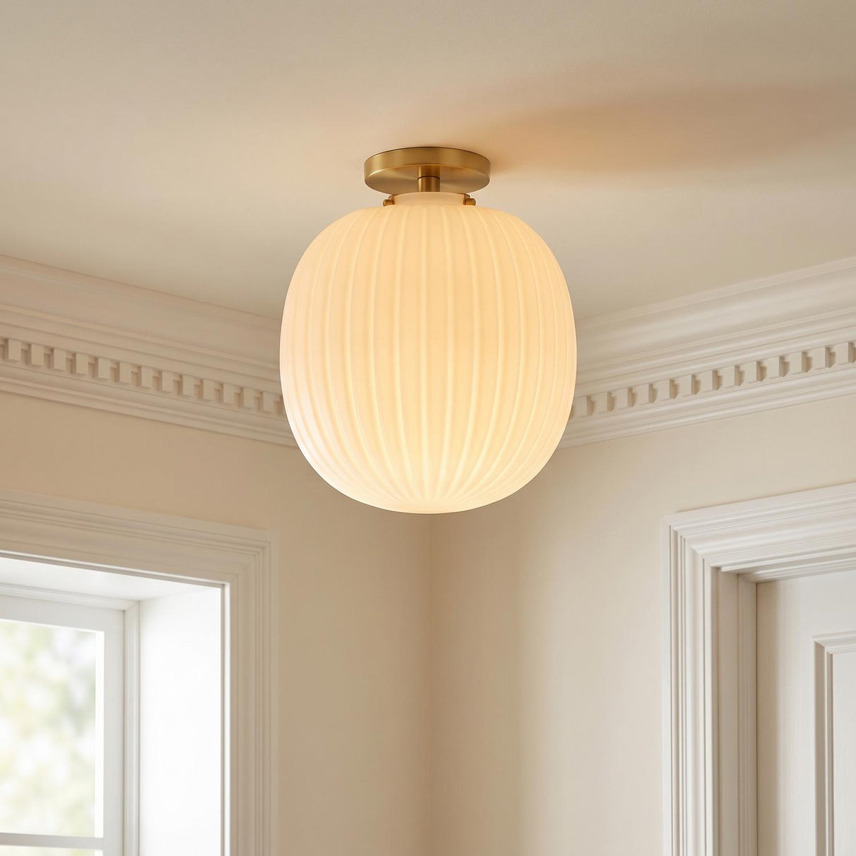 A traditional foyer with the Basile Small Semi-Flush 12", Brushed Brass and Ribbed Milk Glass along the ceiling near dentil crown molding and a white door.