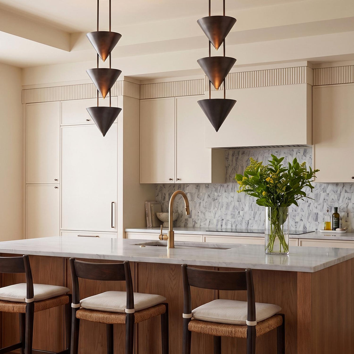 A contemporary kitchen features two aged steel tiered cone pendants suspended over a marble topped wood island with woven barstools and cream cabinetry.
