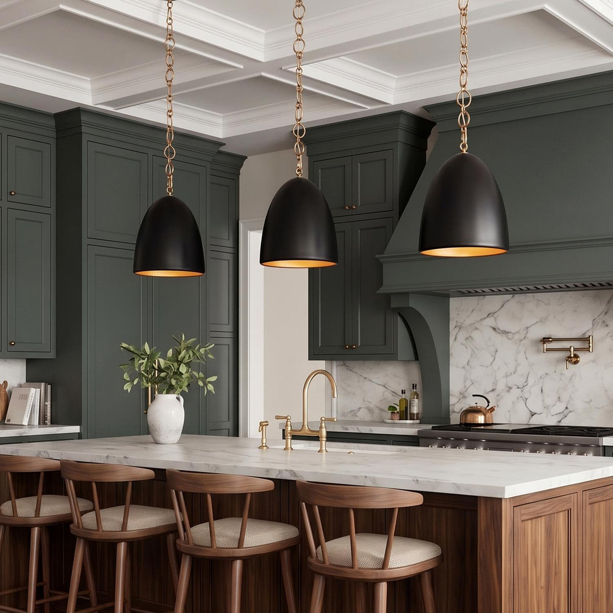 A transitional kitchen features three matte black and brushed brass dome pendants hanging over a white marble topped walnut island with green cabinetry under a coffered ceiling.