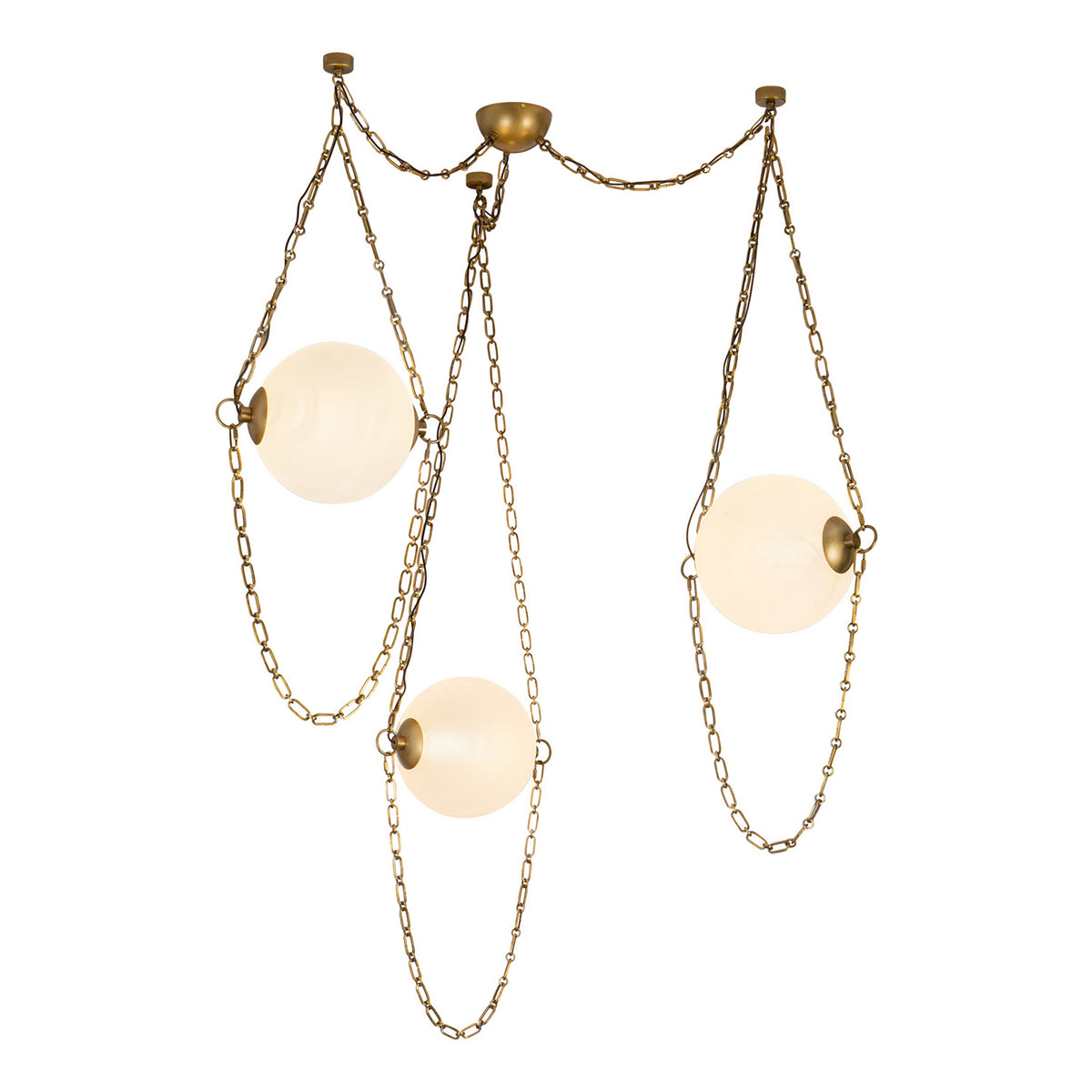 Cariselle LED 3 Light Swag Chandelier, Vintage Brass and Cloud Glass