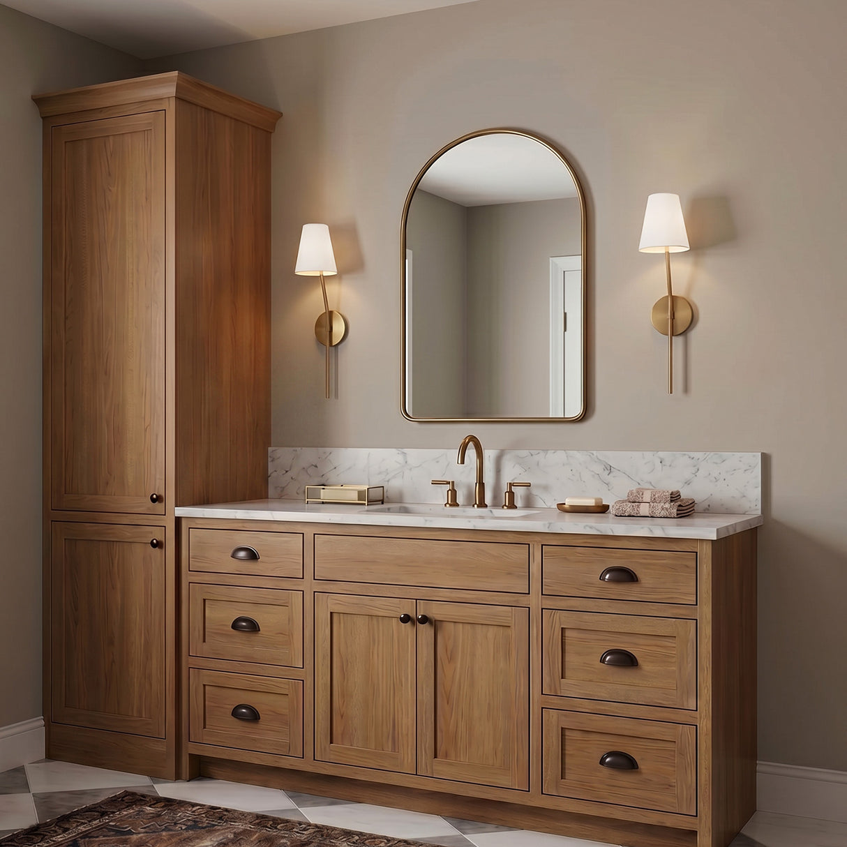 A transitional bathroom with two aged brass Althea wall sconces with metal shades flanking an arched gold mirror above a wood vanity and marble countertop.