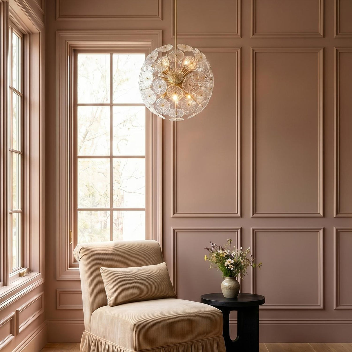 A traditional living room featuring a matte brass and clear glass Blossom Medium Pendant 18" suspended from a standard ceiling above a beige corduroy armchair and mauve wainscoting.
