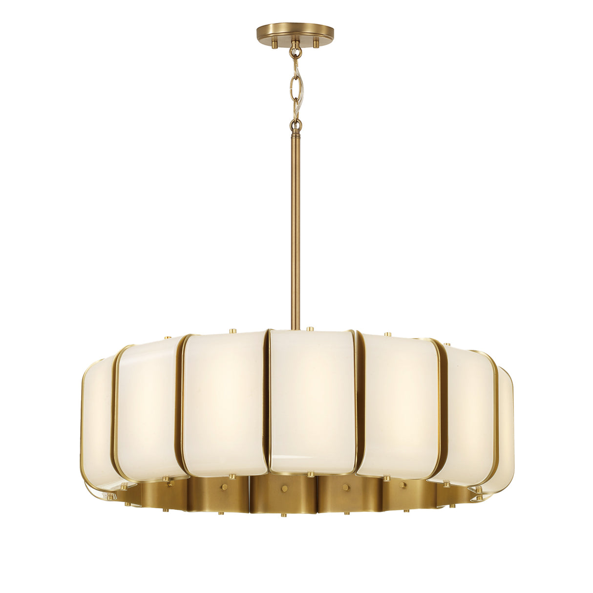 Cian LED Chandelier 27", Aged Brass and Milk Glass