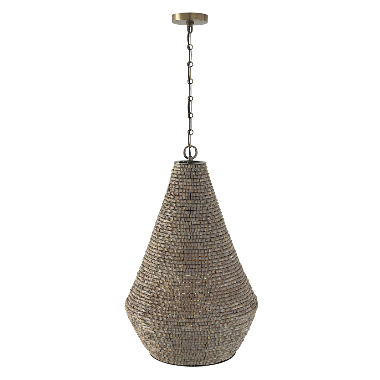 Esmara Pendant 20", Gray Wash Wooden Beads and Dark Matte Brass