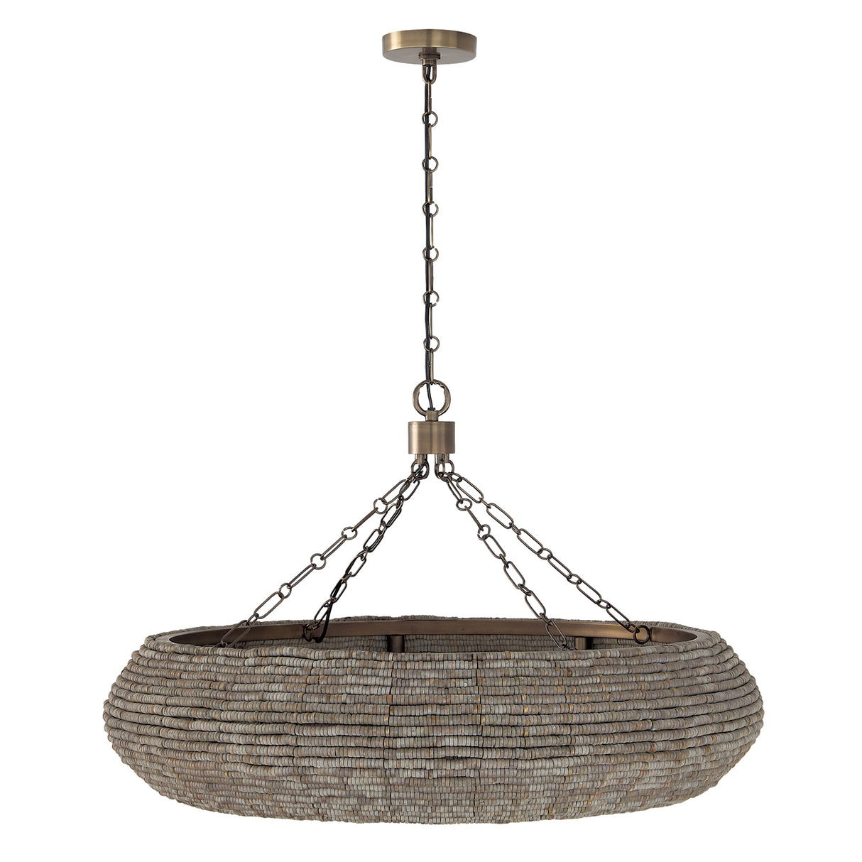 Esmara Chandelier 35", Gray Wash Wooden Beads and Dark Matte Brass