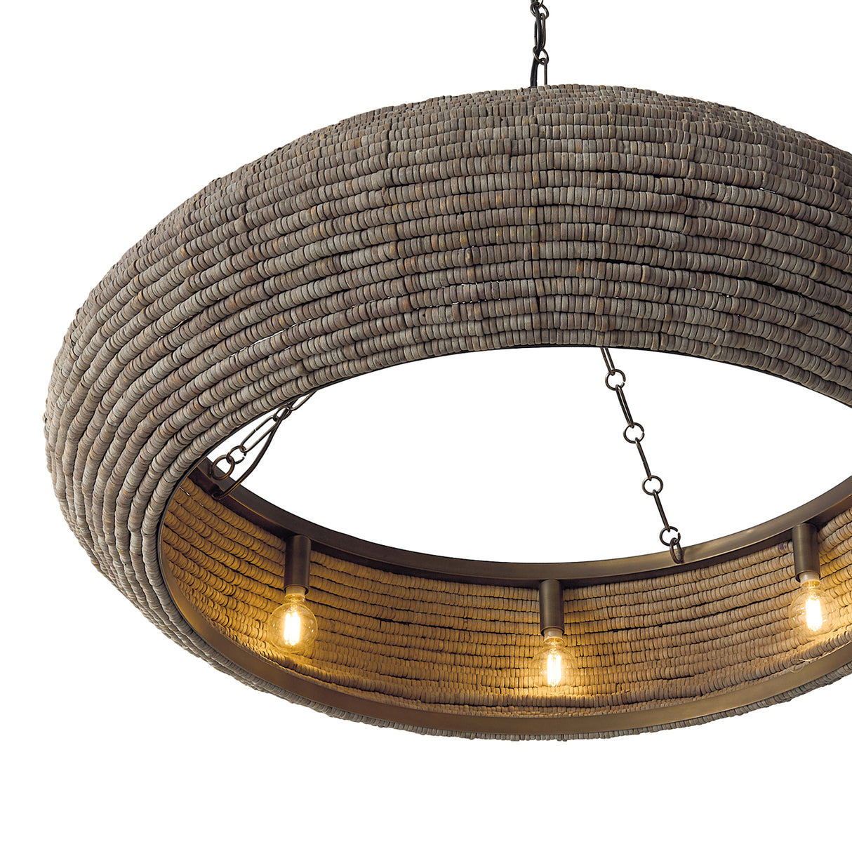 Esmara Chandelier 35", Gray Wash Wooden Beads and Dark Matte Brass