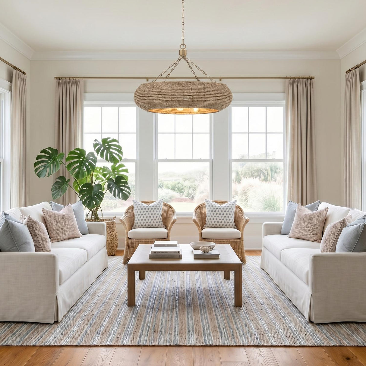 A coastal living room with a large woven rattan drum chandelier over a wooden coffee table, featuring two white sofas, wicker armchairs, and a monstera plant.