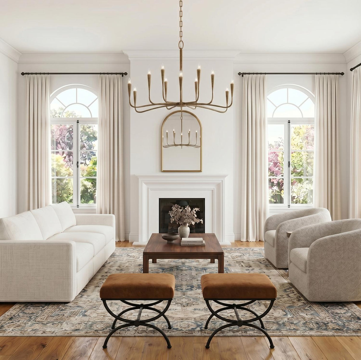 A transitional living room featuring the Myra 12 Light Chandelier in artisan brass hanging over a walnut coffee table near a white fireplace and arched windows.