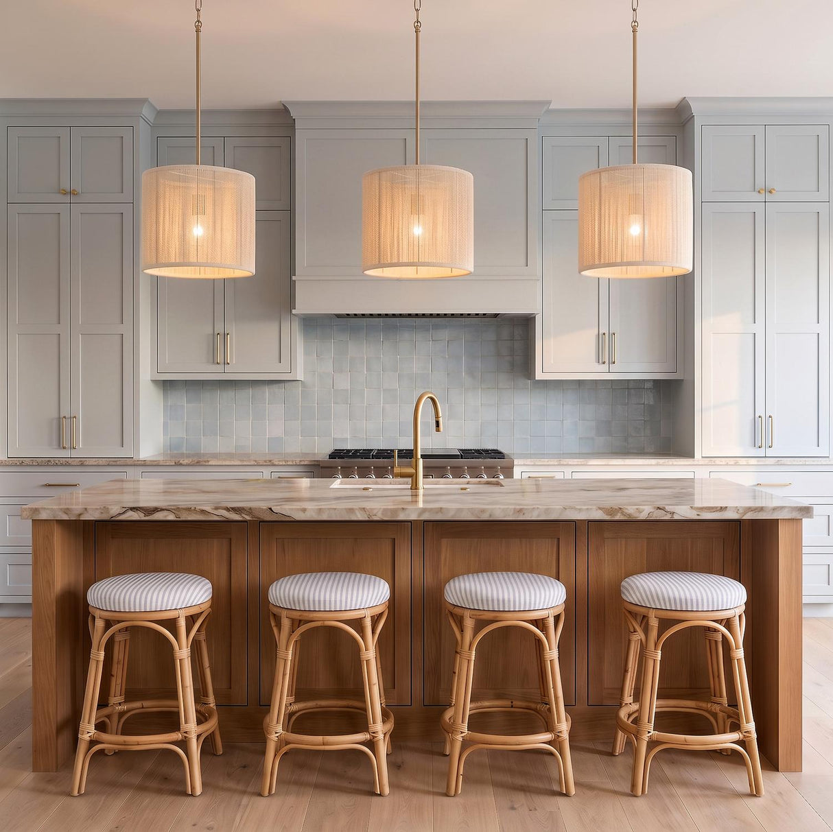 A coastal kitchen with three Malou Drum Pendants in natural rope and matte brass suspended over a marble-topped wood island with four woven barstools.